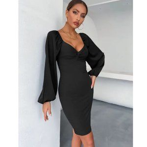 Women's long-sleeved v-neck package hip dress dress